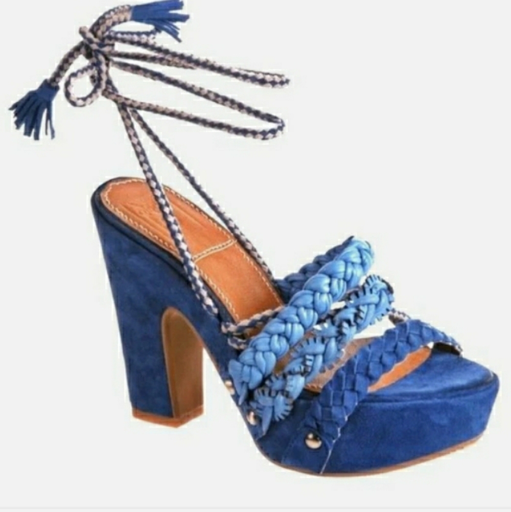 Bacio 61 Blue Leather & Suede BOHEMIAN Style Braided Platform Sandal Size 7 NIB